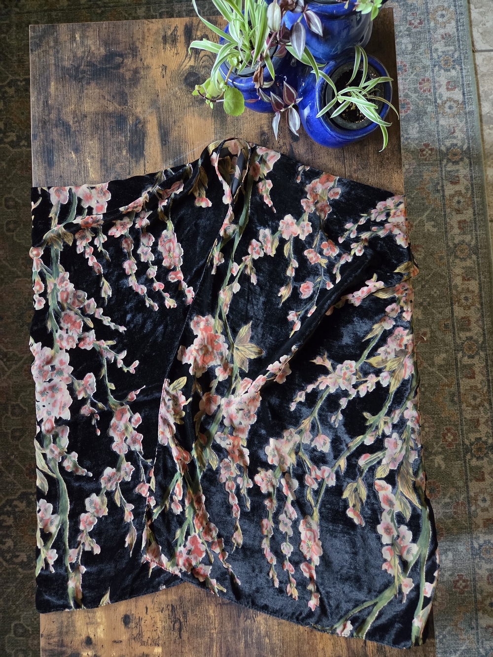 Black Velvet Floral Wrap Skirt - Pink & Green Blossom Print
